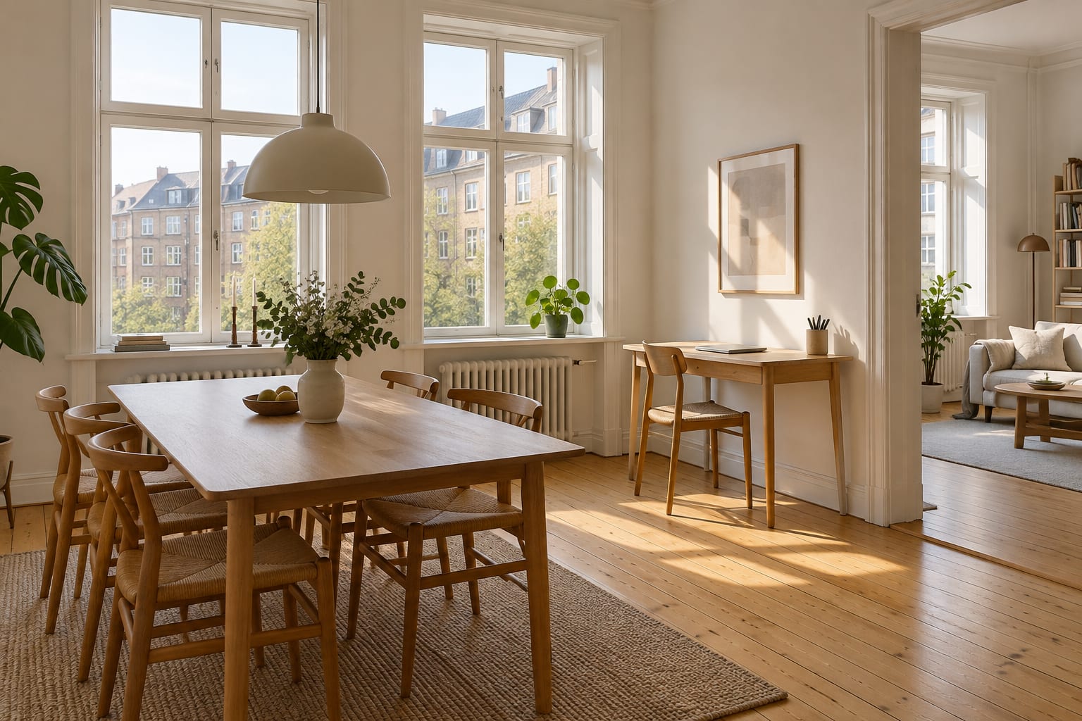 Lys københavnsk bolig med spiseplads og arbejdsområde til et længere ophold